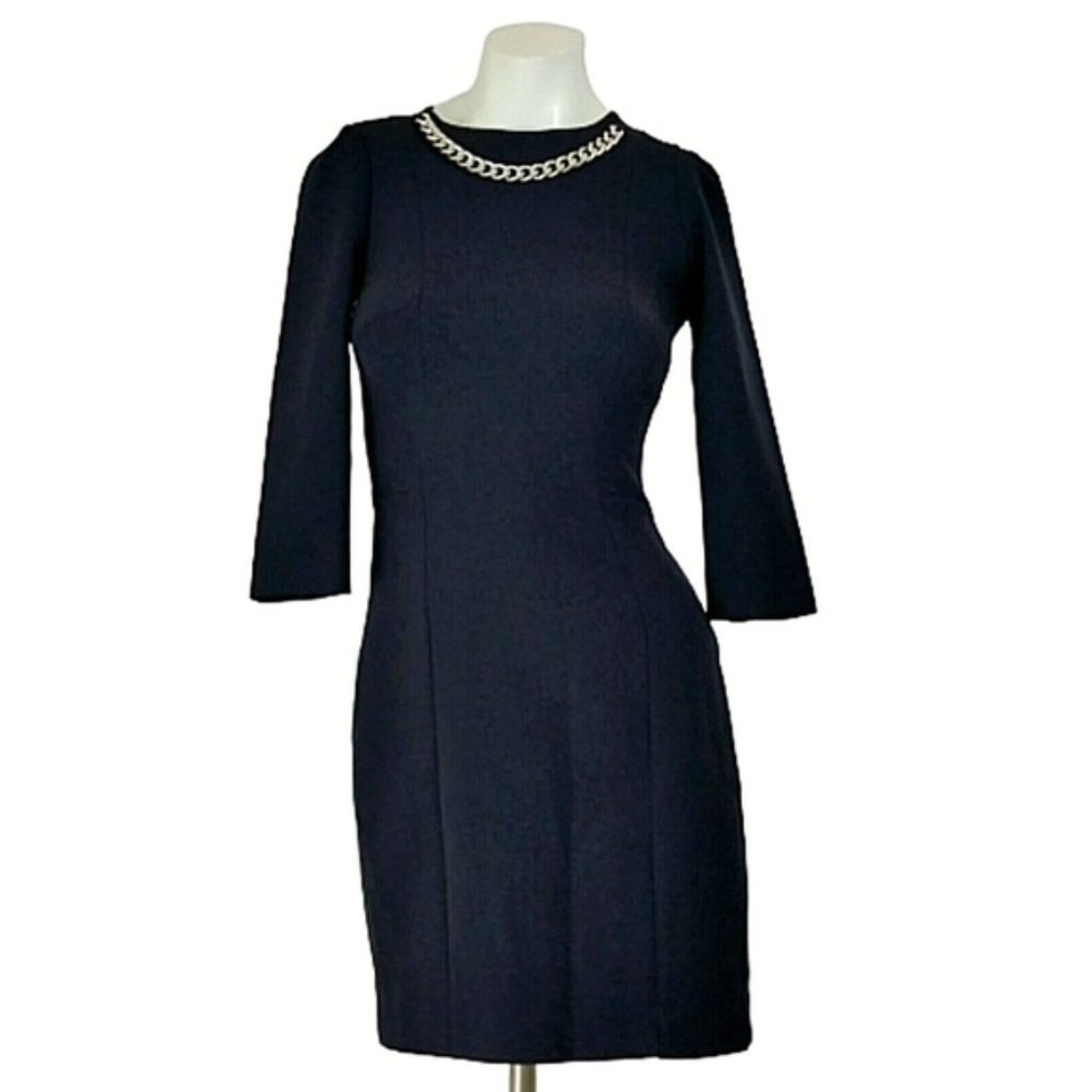 H&M Ponte Knit 3/4 Sleeve Neck Chain Sheath Dress